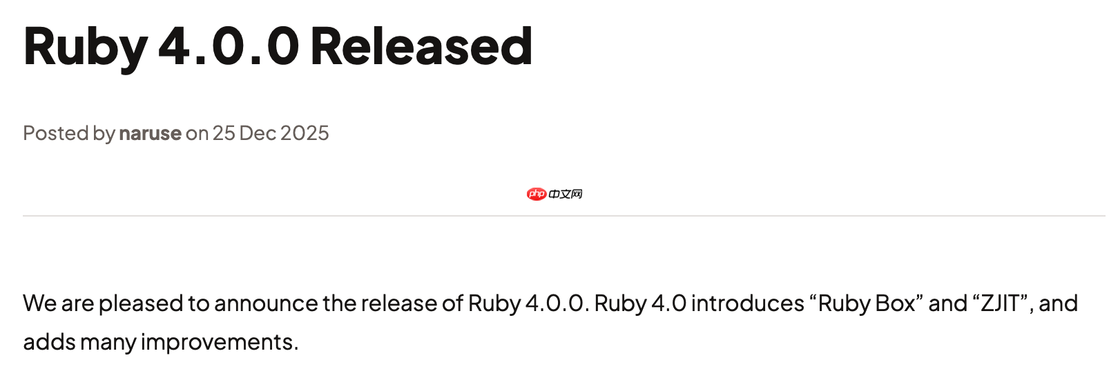 Ruby 4.0.0 正式发布，新增 “Ruby Box” 和 “ZJIT”