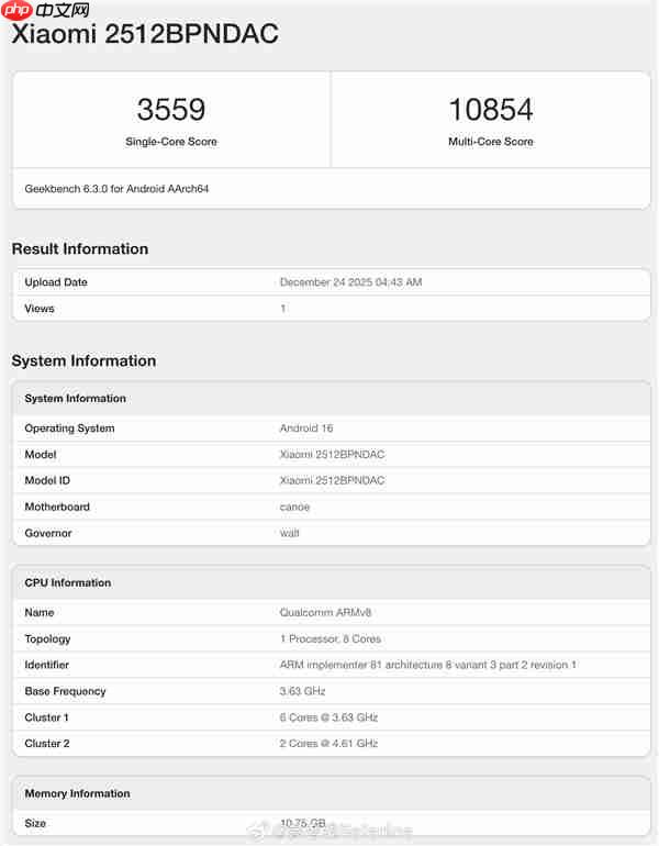 小米17 Ultra跑分现身:第五代骁龙8至尊版、12GB内存起步