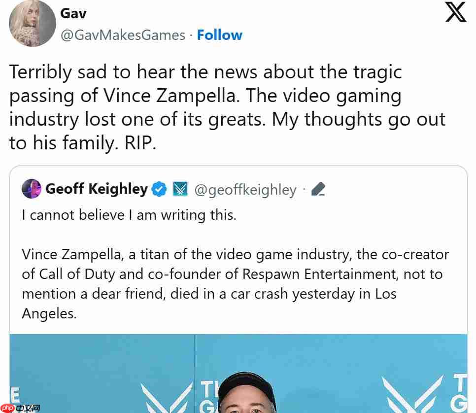 传奇谢幕!业界多名开发者悼念FPS传奇开发者Vince Zampella