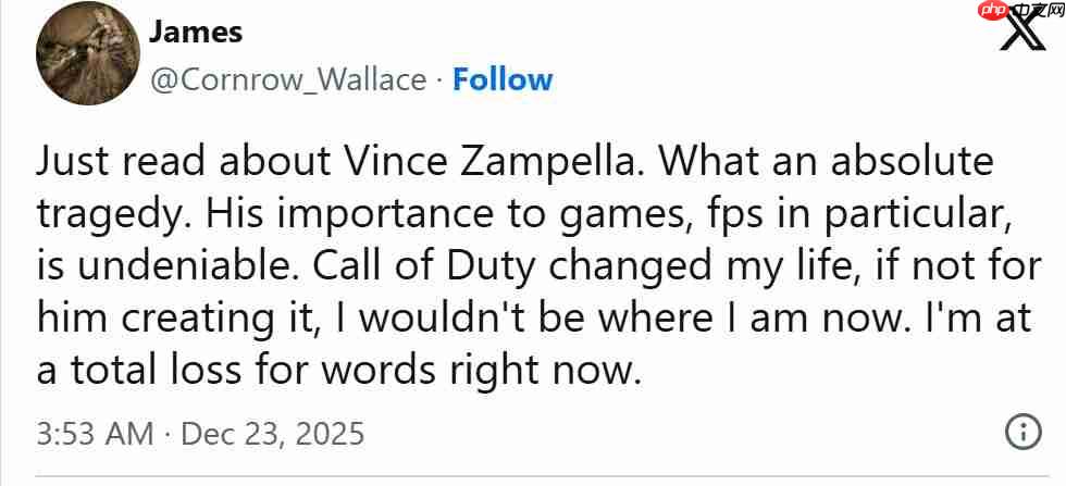 传奇谢幕!业界多名开发者悼念FPS传奇开发者Vince Zampella