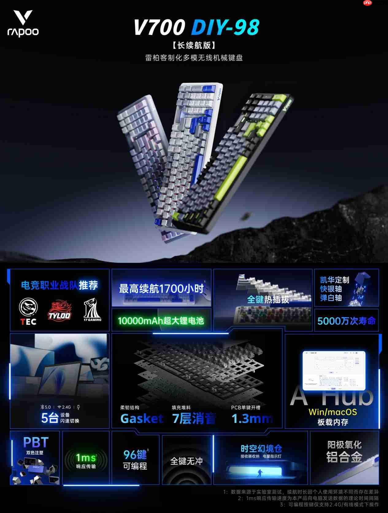 1700h续航,7层消音,雷柏V700DIY-98长续航版客制化多模无线机械键盘发布