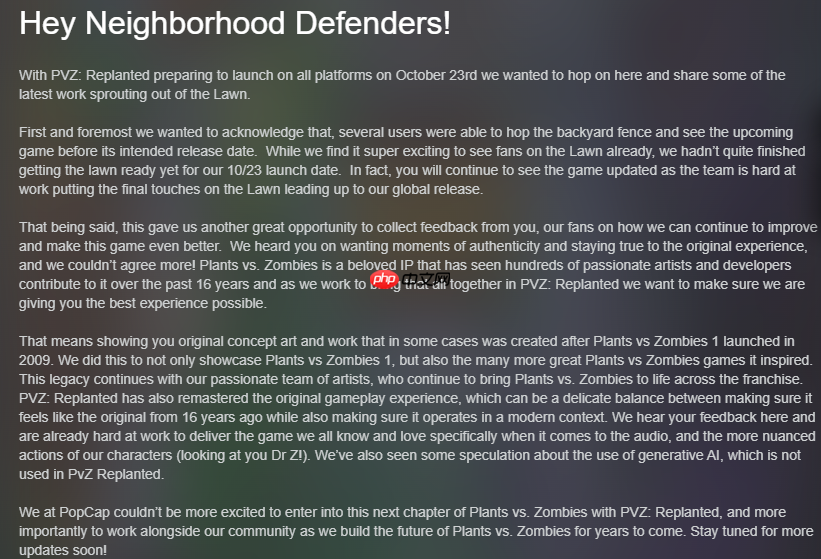《植物大战僵尸:重植版》回应质疑:没有使用AI!
