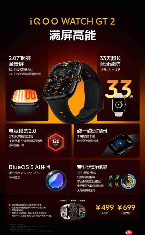 499元起!iQOO WATCH GT 2发布:2.07英寸大屏、支持eSIM