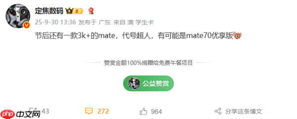 华为Mate 70优享版首次现身！10月发布、3K+价位段