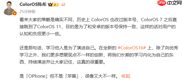 OPPO陈希回应ColorOS改版本号:是OPhone但不是苹替