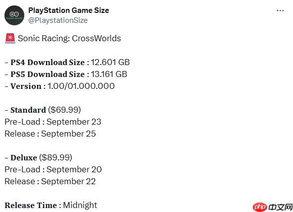 《索尼克赛车:交叉世界》PS5版容量公布!月底开启预载