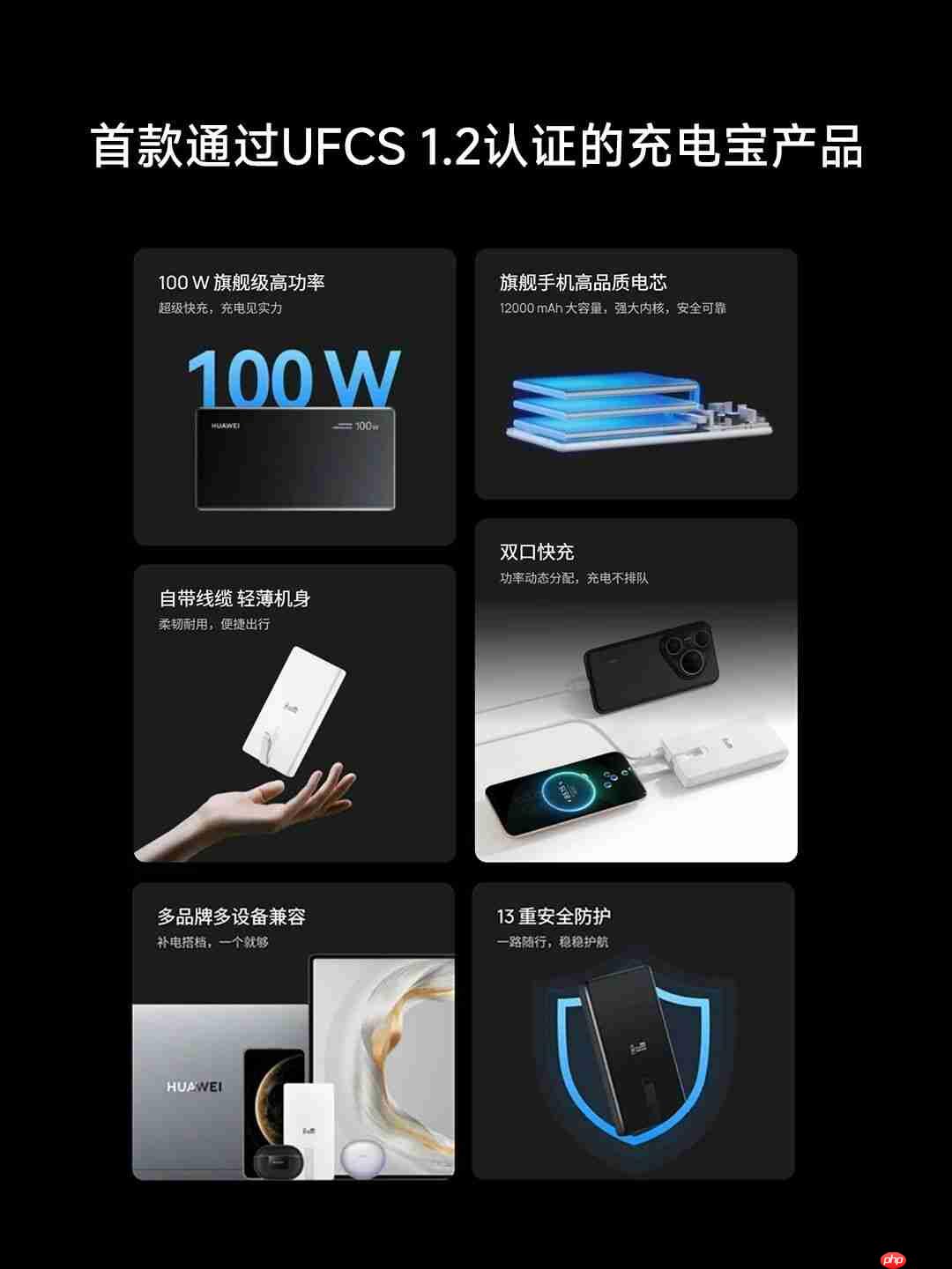 华为自带线全能充移动电源:首款通过 UFCS 1.2 认证的充电宝产品