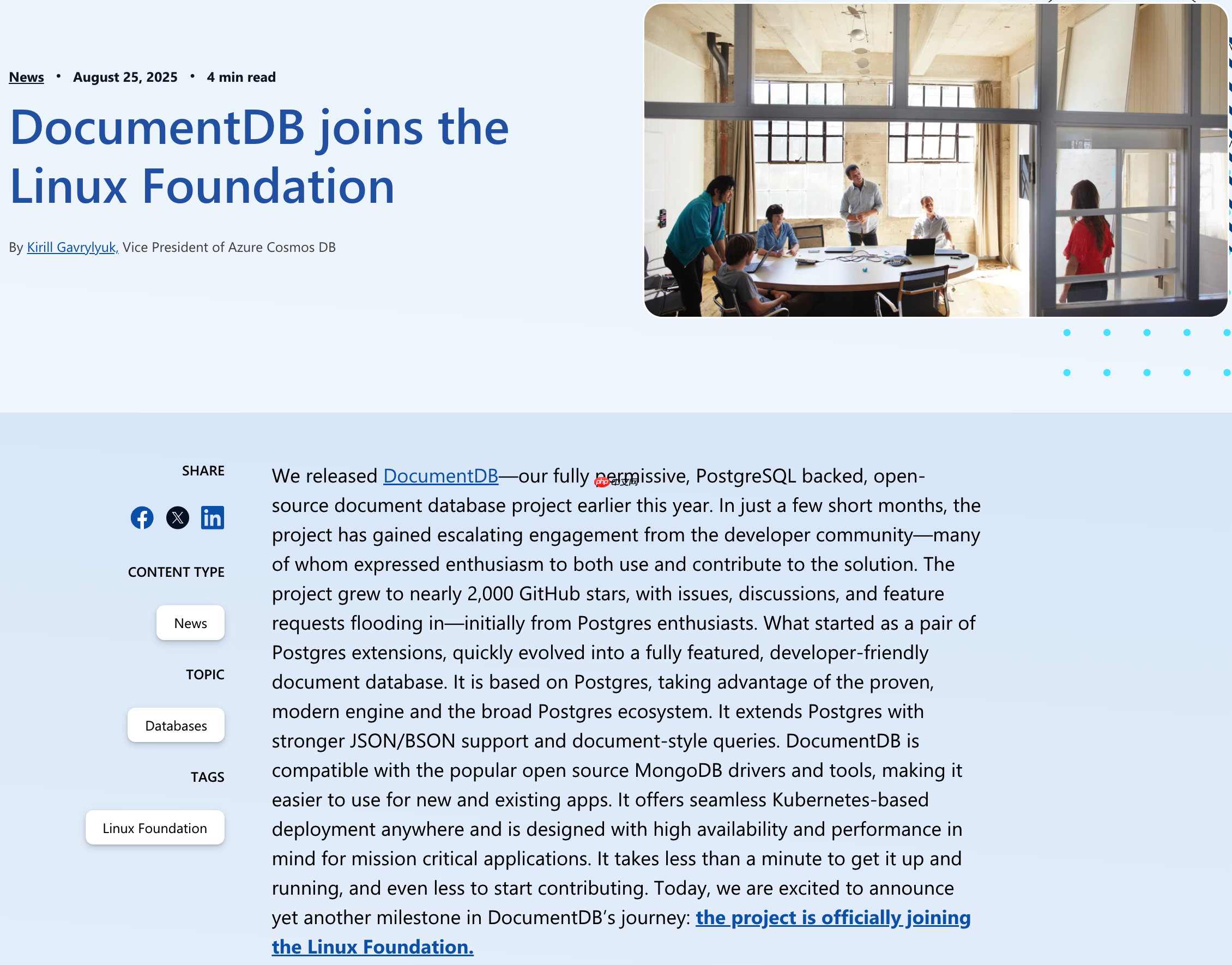 微软旗下开源文档数据库 DocumentDB 加入 Linux 基金会