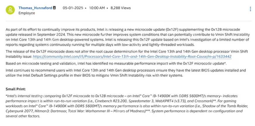问题还没修完！Intel对第13/14代cpu推出热修补更新