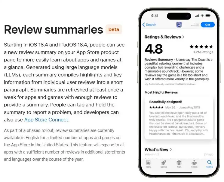 苹果iOS 18.4公测版引入AI评论摘要功能