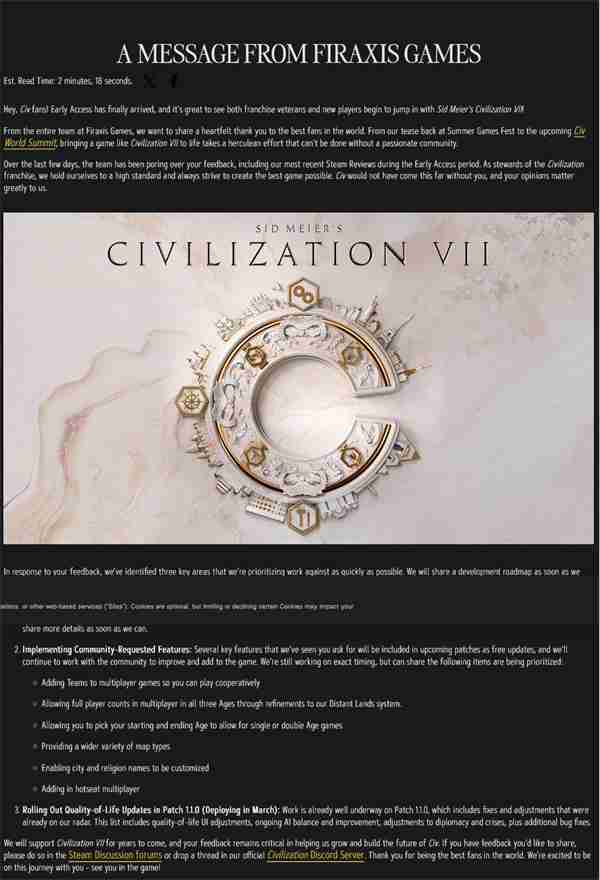 《文明7》Steam差评过半 官方承诺将会重点改进UI