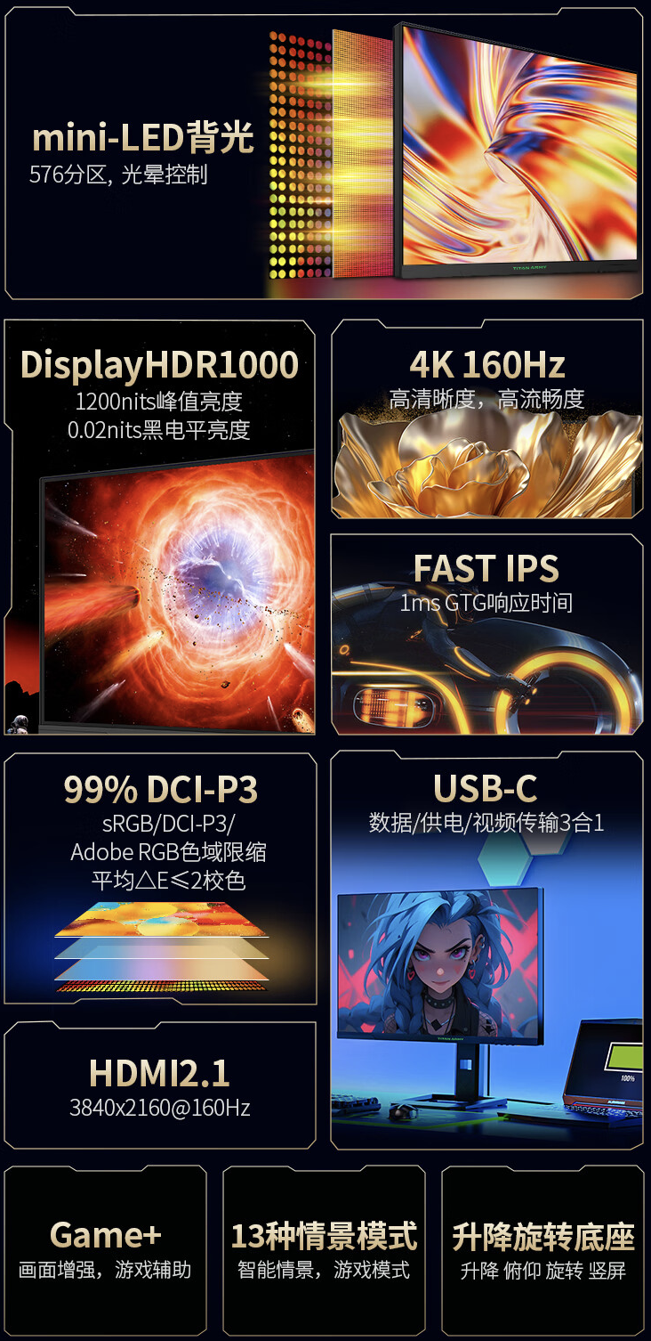 1699 元购 4K 160Hz Mini-LED:泰坦军团 27 英寸显示器国补新低(限今日)