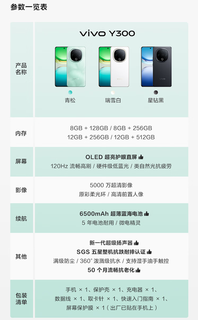 vivo Y300 手机正式开售:天玑 6300、后置扬声器设计,1399 元起