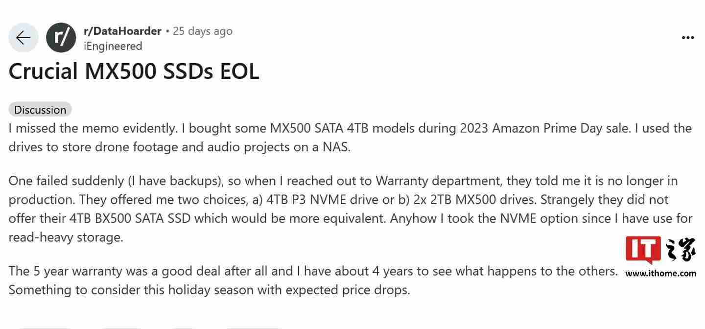 经典 SATA SSD 走向落幕：英睿达 MX500 部分容量已处于 EOL 状态