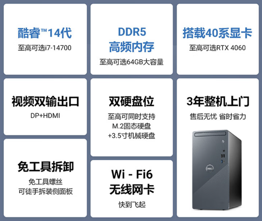 戴尔灵越 3030 台式电脑主机新增“i7-14700F + 16G + 1T + RTX4060”配置,售 9199 元