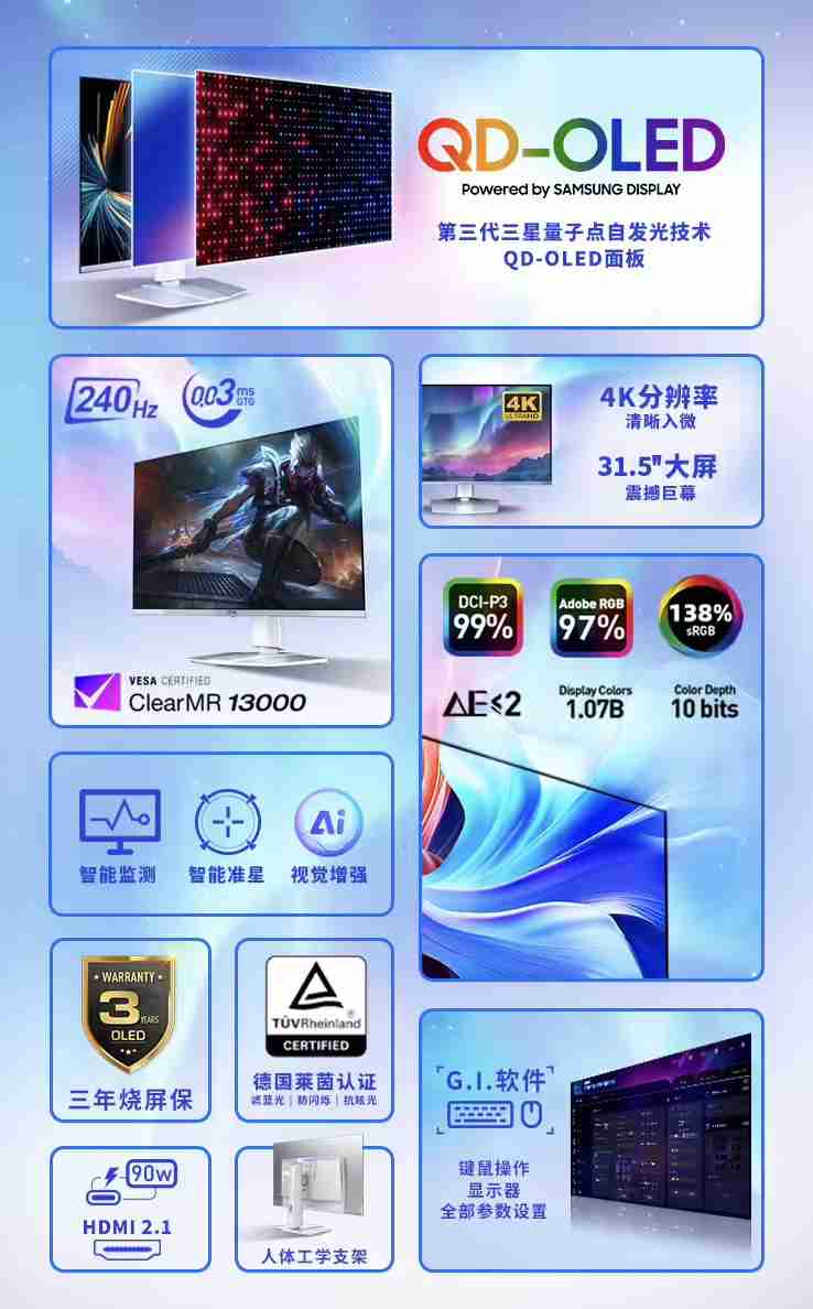 微星“MPG 321URXW”31.5 英寸白色显示器预售:4K 240Hz QD-OLED,7499 元