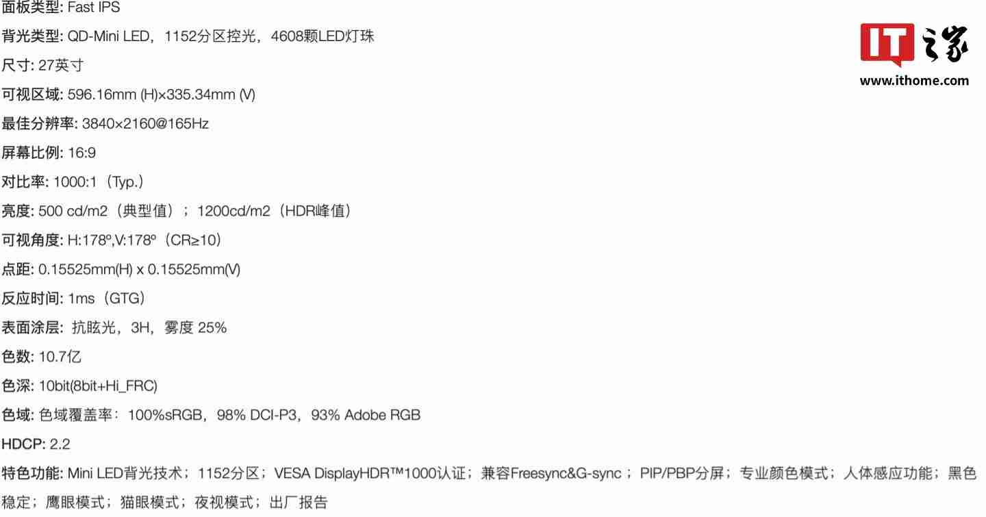 优派“VX2700-4K-PRO”27 英寸显示器开售:4K 165Hz 1152 分区 QD-Mini LED,3299 元