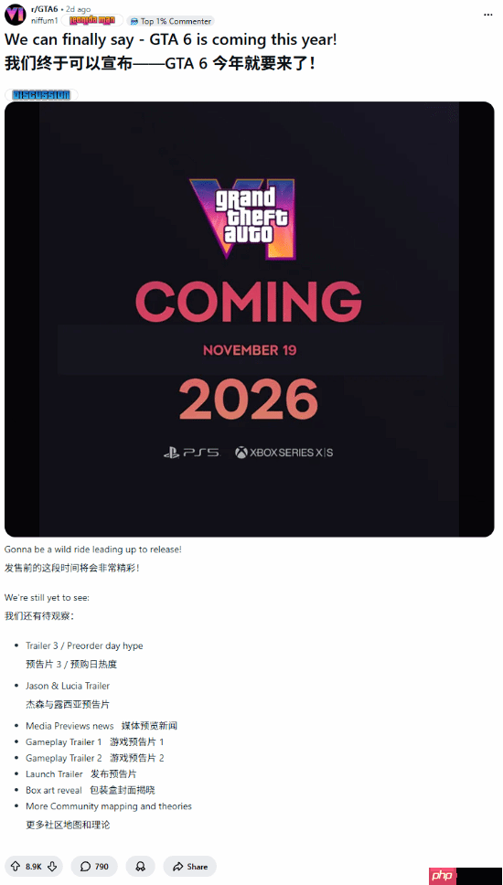 《GTA6》粉丝欢呼2026：终于可以说今年发售了！