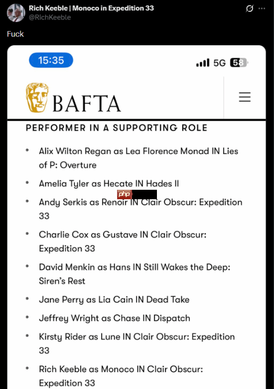 《光与影：33号远征队》演员直呼法克！竟与知名影星同获提名