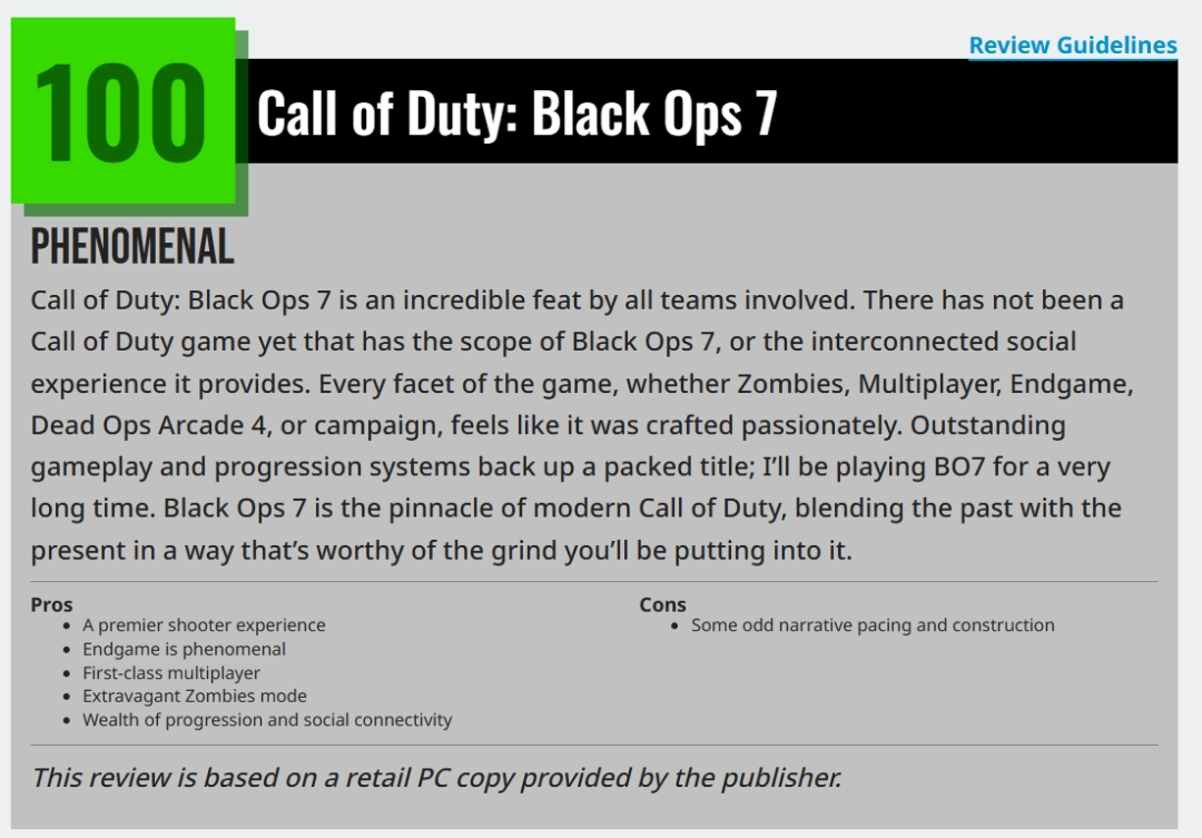 《使命召唤：黑色行动7》M站均分84 IGN6分评价一般！